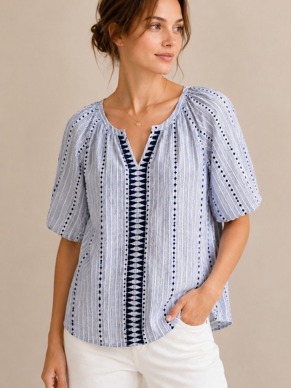 Caffé Marrakesh Women’s M Embroidered Striped Flutter Sleeve Top Blue White NWT