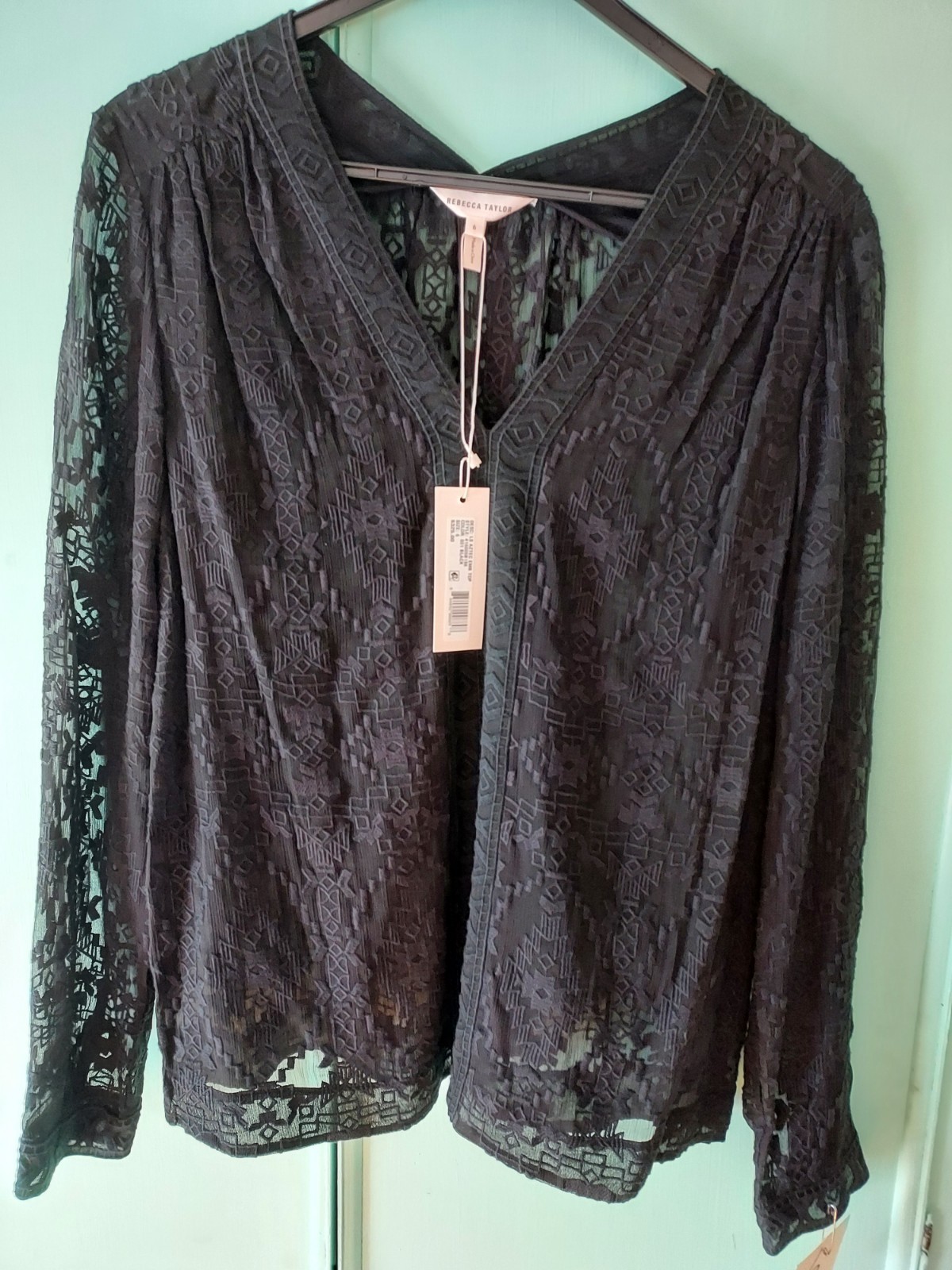 Rebecca Taylor Silk Black Embroidered Aztec Pullover Top Size 6 New!