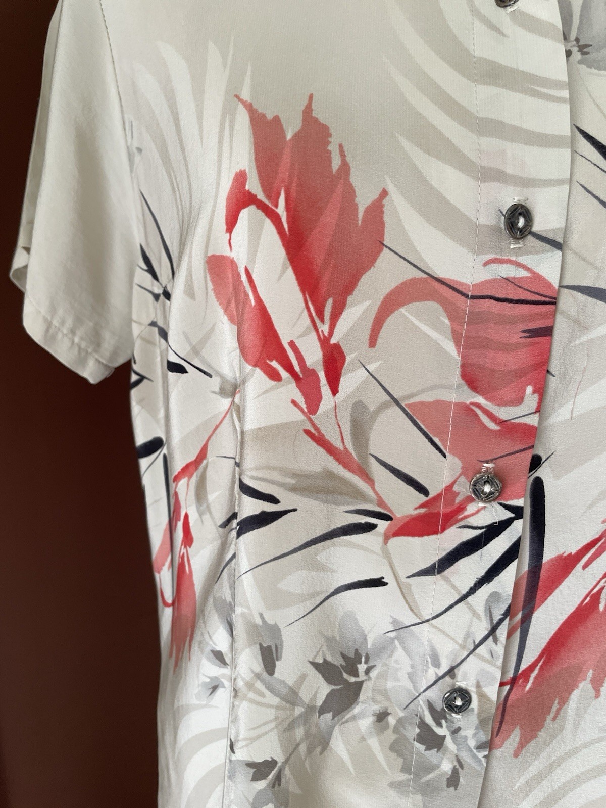 Vintage USA Made 100% Silk Tropical Hawaiian Floral Button Up Shirt Blouse S/M