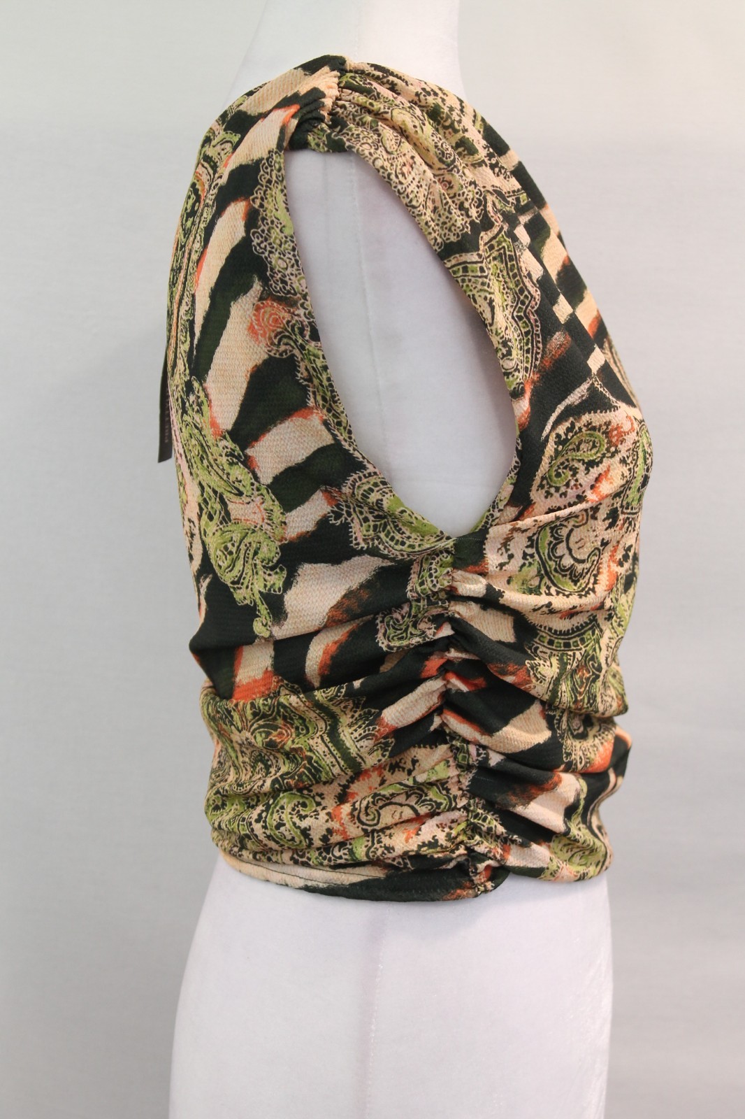 Womens Crop One Shoulder Multi Media Print Top size 6 Beige Green Ruched Zip Up