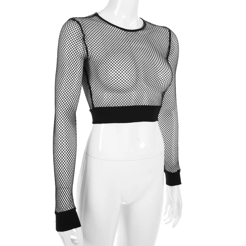 2026 New Summer Sexy Black Hollow Out Mesh Fishnet Skinny Crop Top For Women