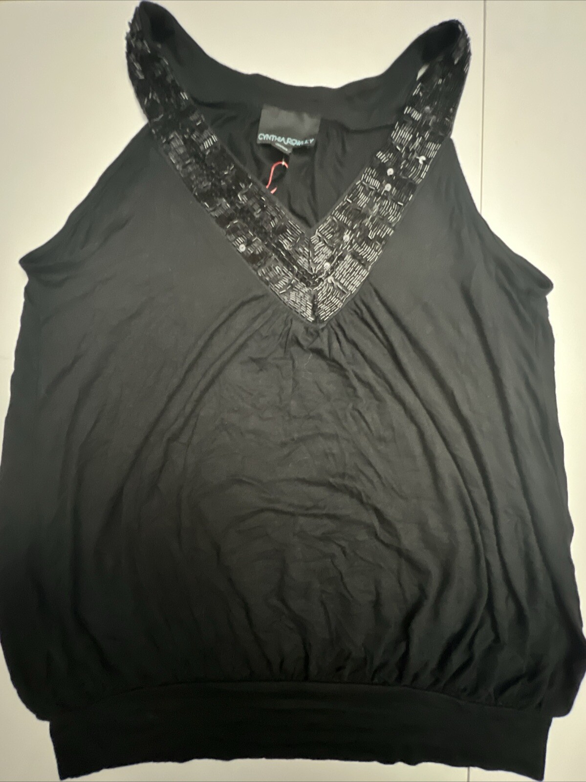 Cynthia Rowley Top Women’s Large Black Beaded Tank V-neck Rayon Spandex NEW NWT
