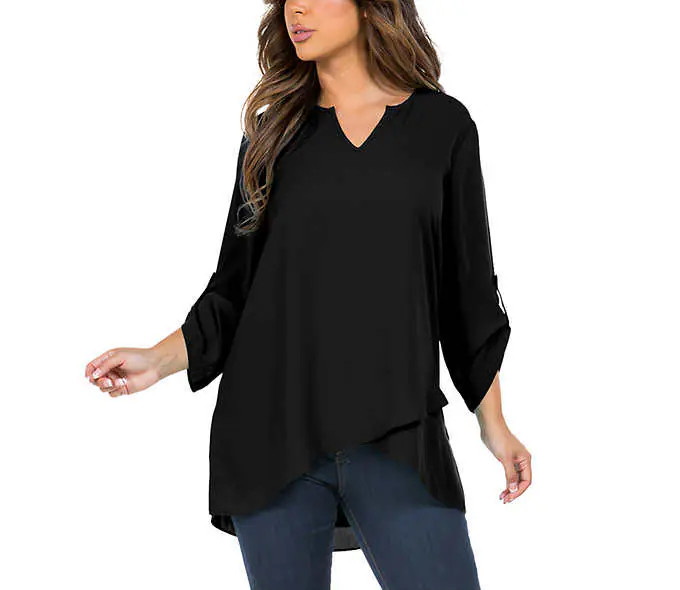 NWT Fever Women V Neck Hi-Lo Long Sleeve Lightweight Blouse Black Sz M $60 Z955