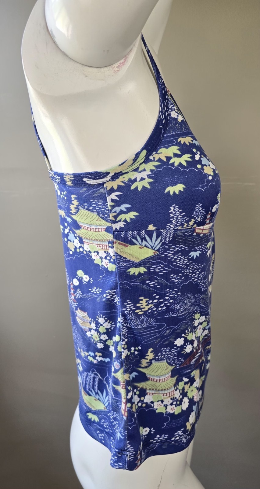 90’s Rusty Brand Asian Print Cami Tank Top Stretch Poly Medium Blue Floral