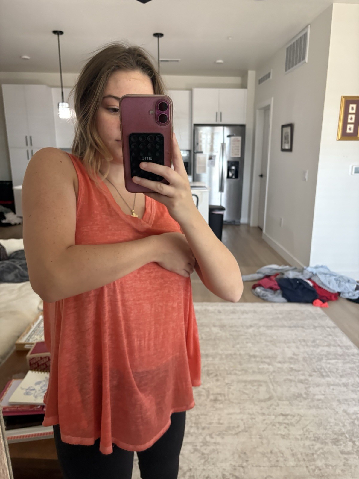 Live the Process Women’s S/P Orange Solid Knit V-Neck Sleeveless Raw Hem Tank