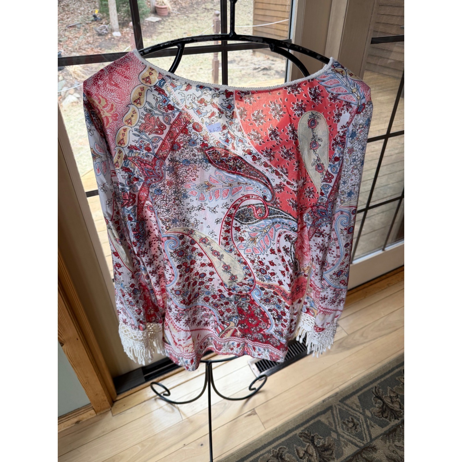 Sundance Womens Red Paisley Floral Rayon Boho Blouse Fringe Tassels Size M