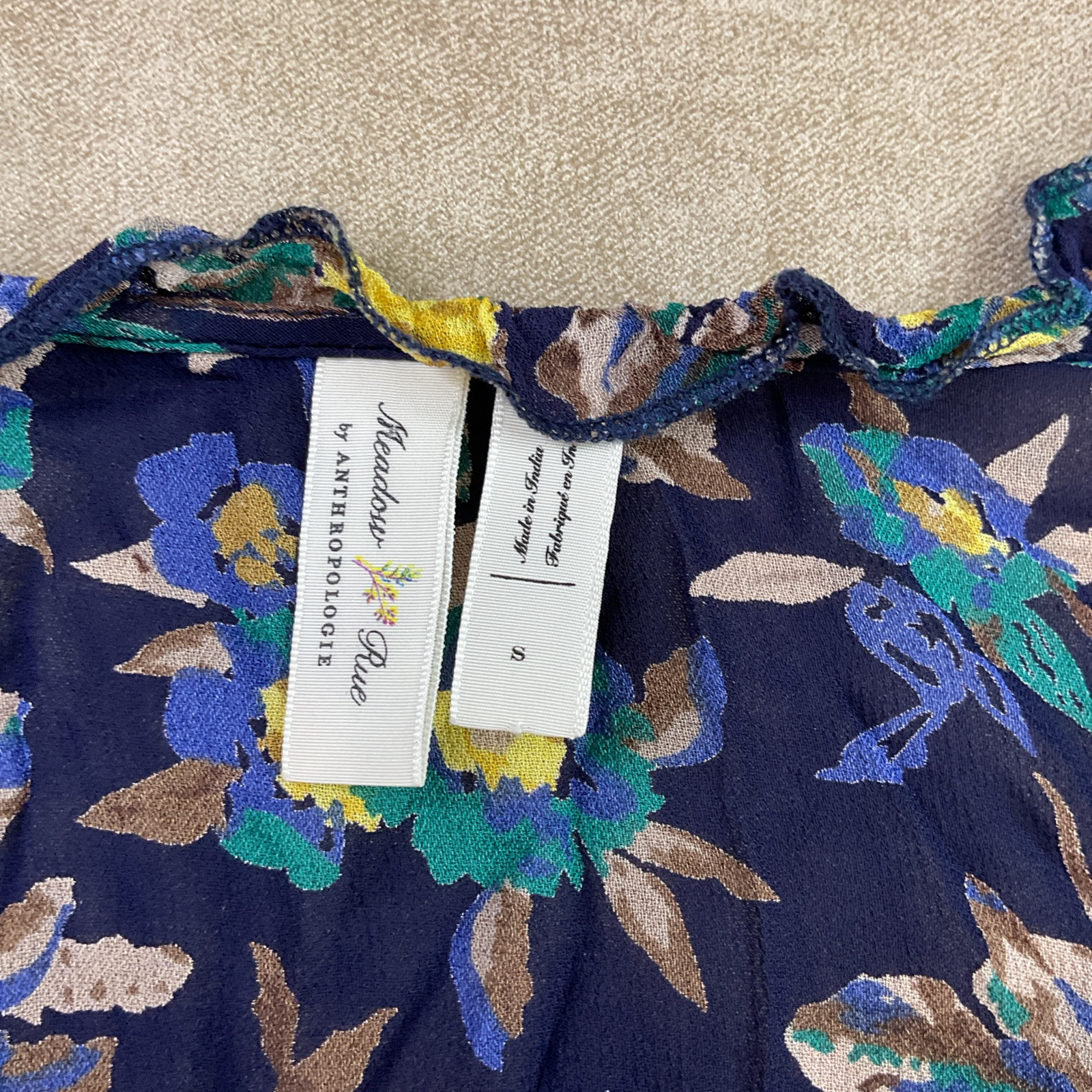 Meadow Rue by Anthropologie Top Women Sz S Blouse Navy Floral Sheer Embroidered