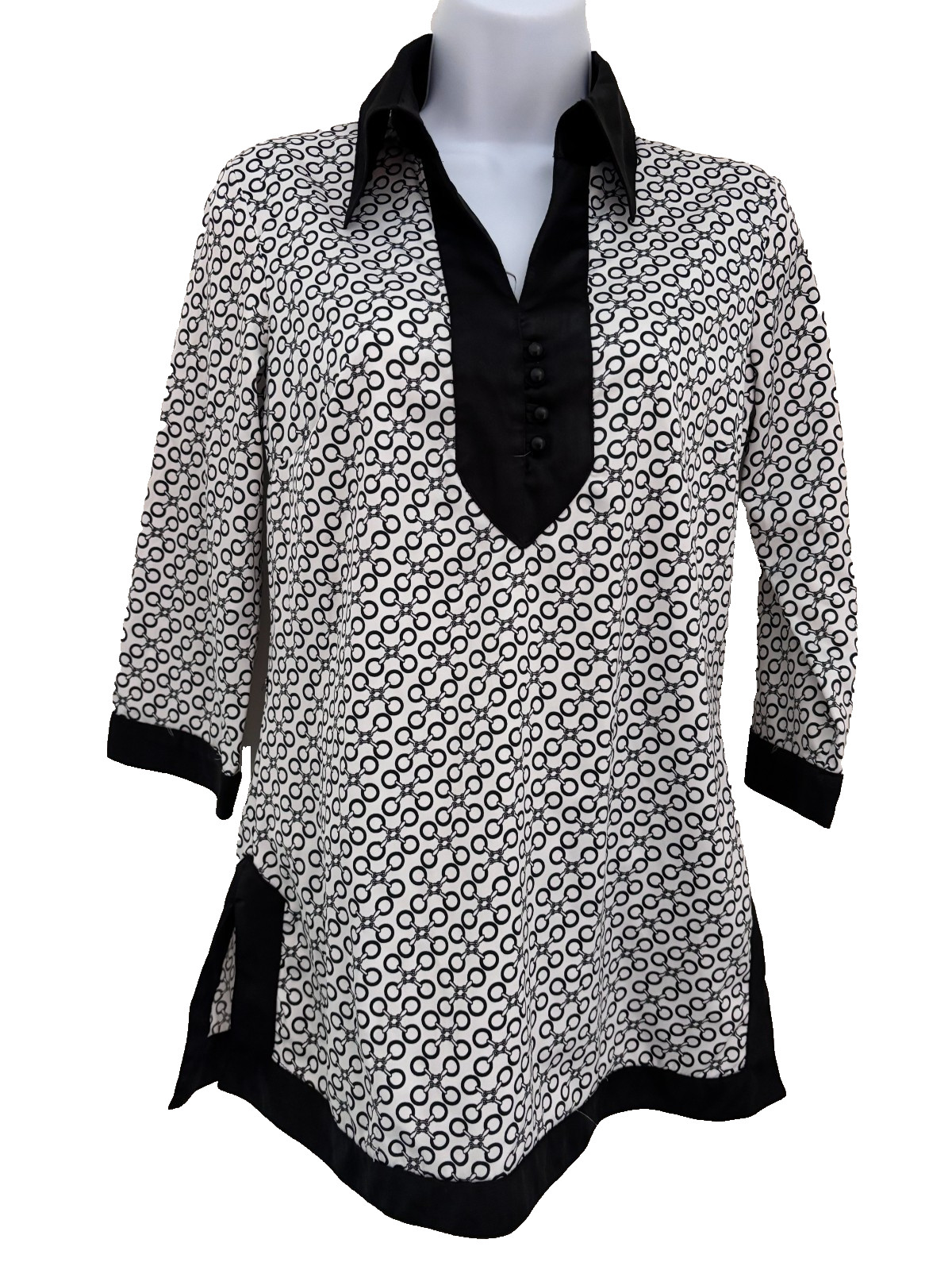 Koton Tunic Blouse US 4 UK 8 Black White Chain Print Split Hem V Neck Flowy