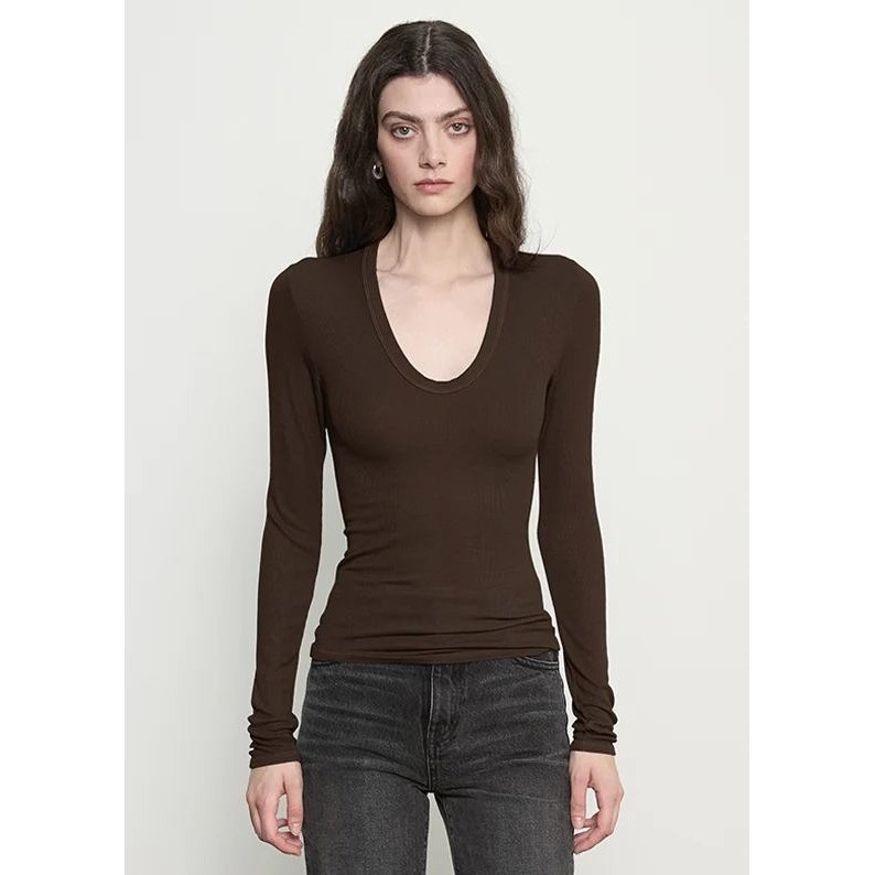 ENZA COSTA Silk Rib Long Sleeve U Top Womens Small Dark Brown Neck Quiet Luxury