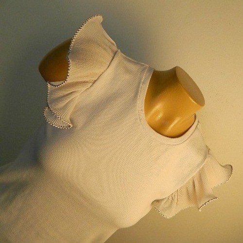 Zara Ruffle Sleeve Top Womens Small White Ribbed Knit Contrast Stitch Cap Sleeve
