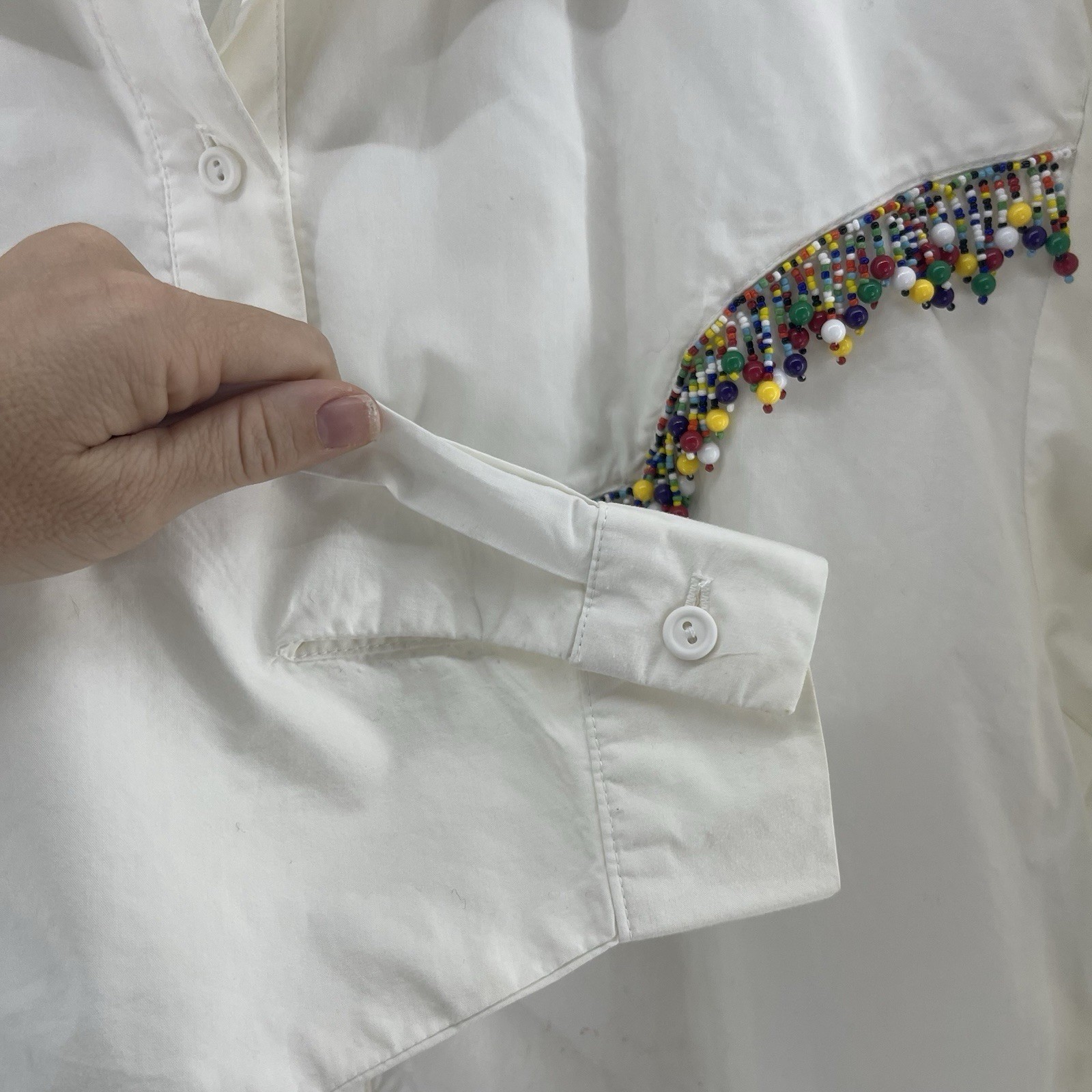 Vintage 90s Beaded Button Up Shirt Women’s L White Fringe Western Funky Boho