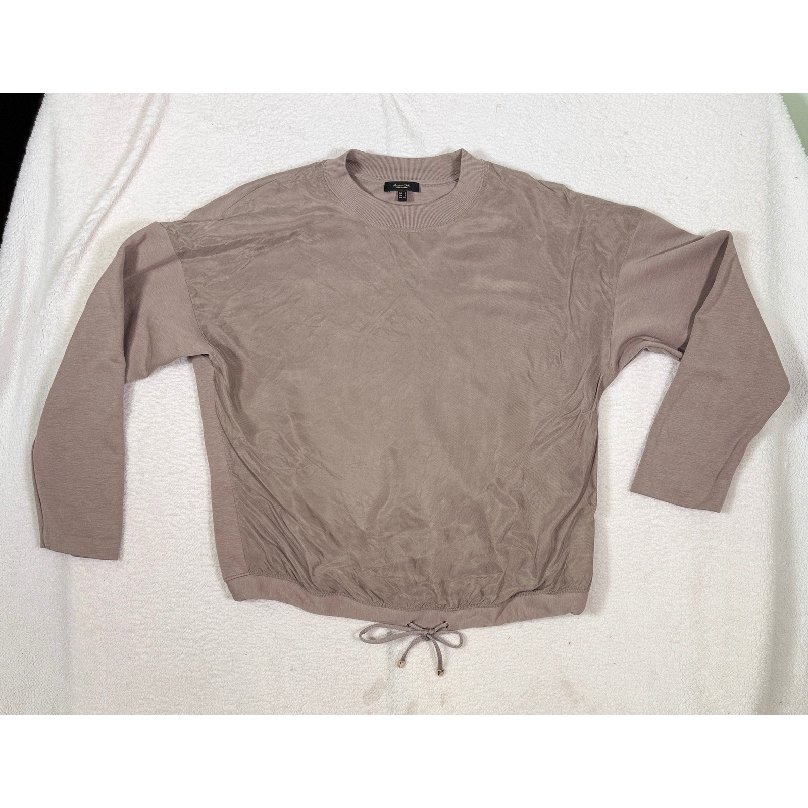 Massimo Dutti Womens Small Taupe Mixed Media Cinch Hem Sweatshirt Modal Cotton