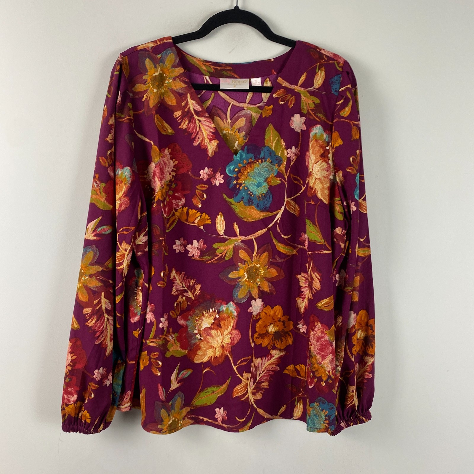Belle Boho by Kim Gravel Find Your Fire Boho Chic Blouse Size XL Purple Floral