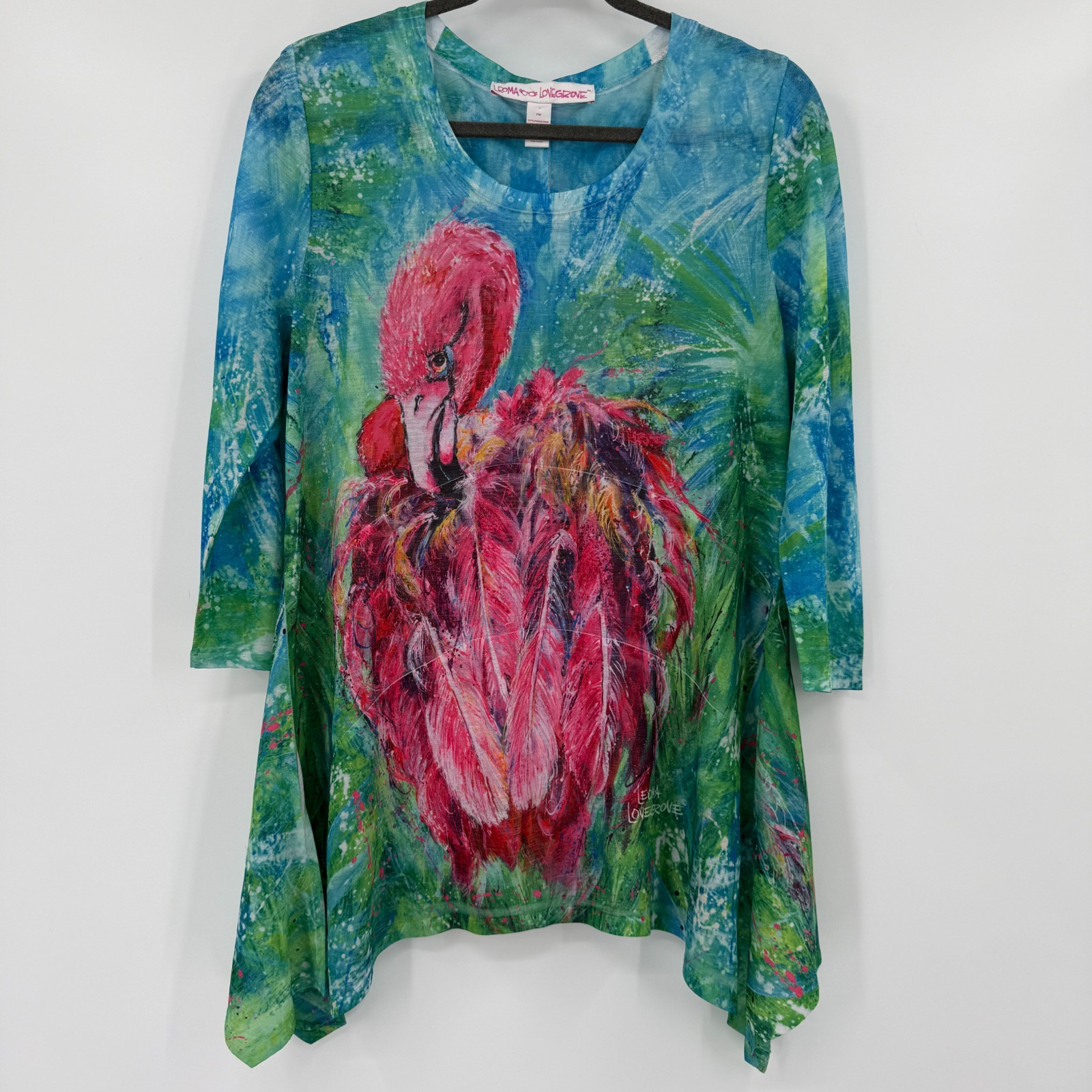Leoma Lovegrove Womens Flamingo Art Tunic Top Size PM 3/4 Sleeve Resort Artsy