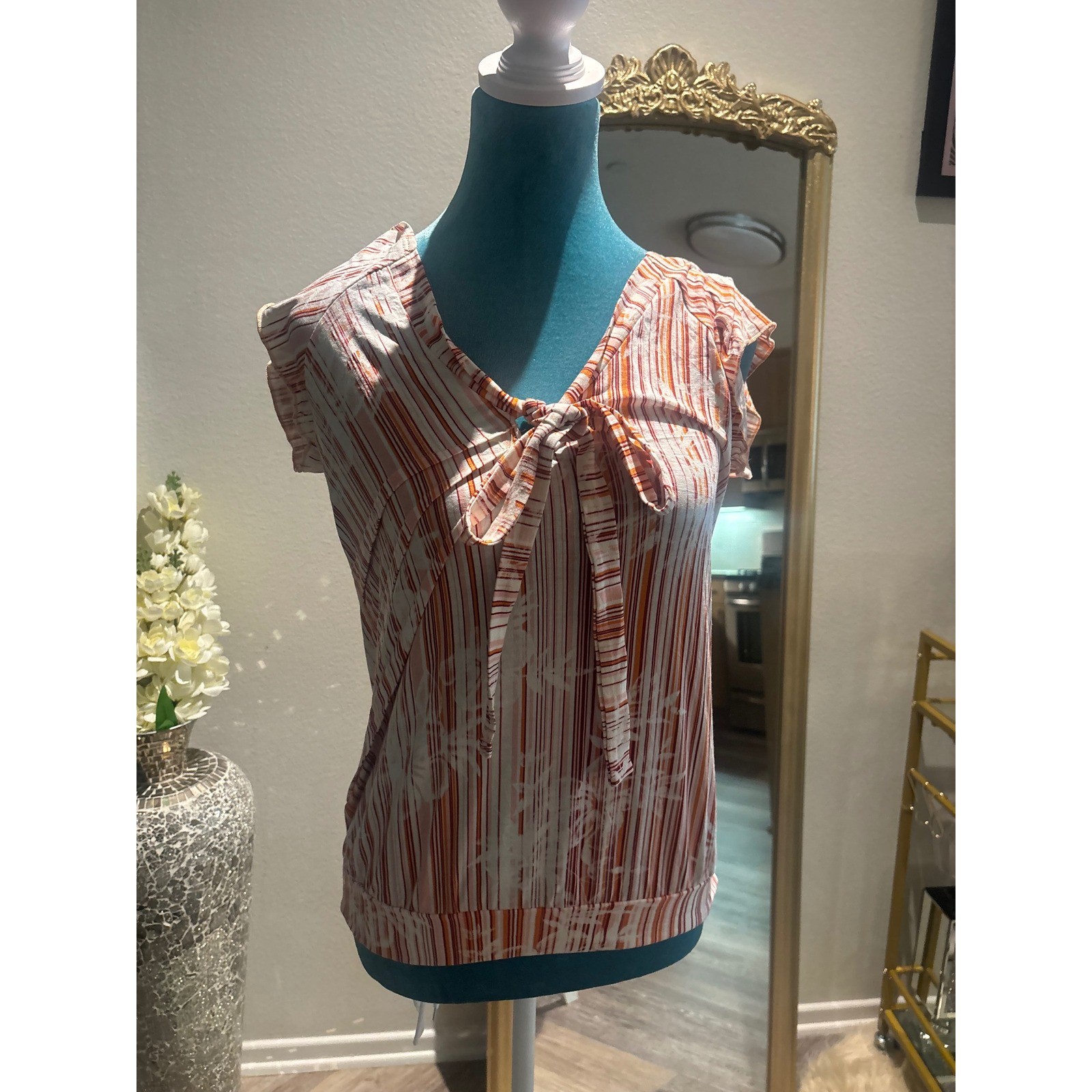 Orange White Striped Floral Tie Front Cap Sleeve Blouse Top Women Small