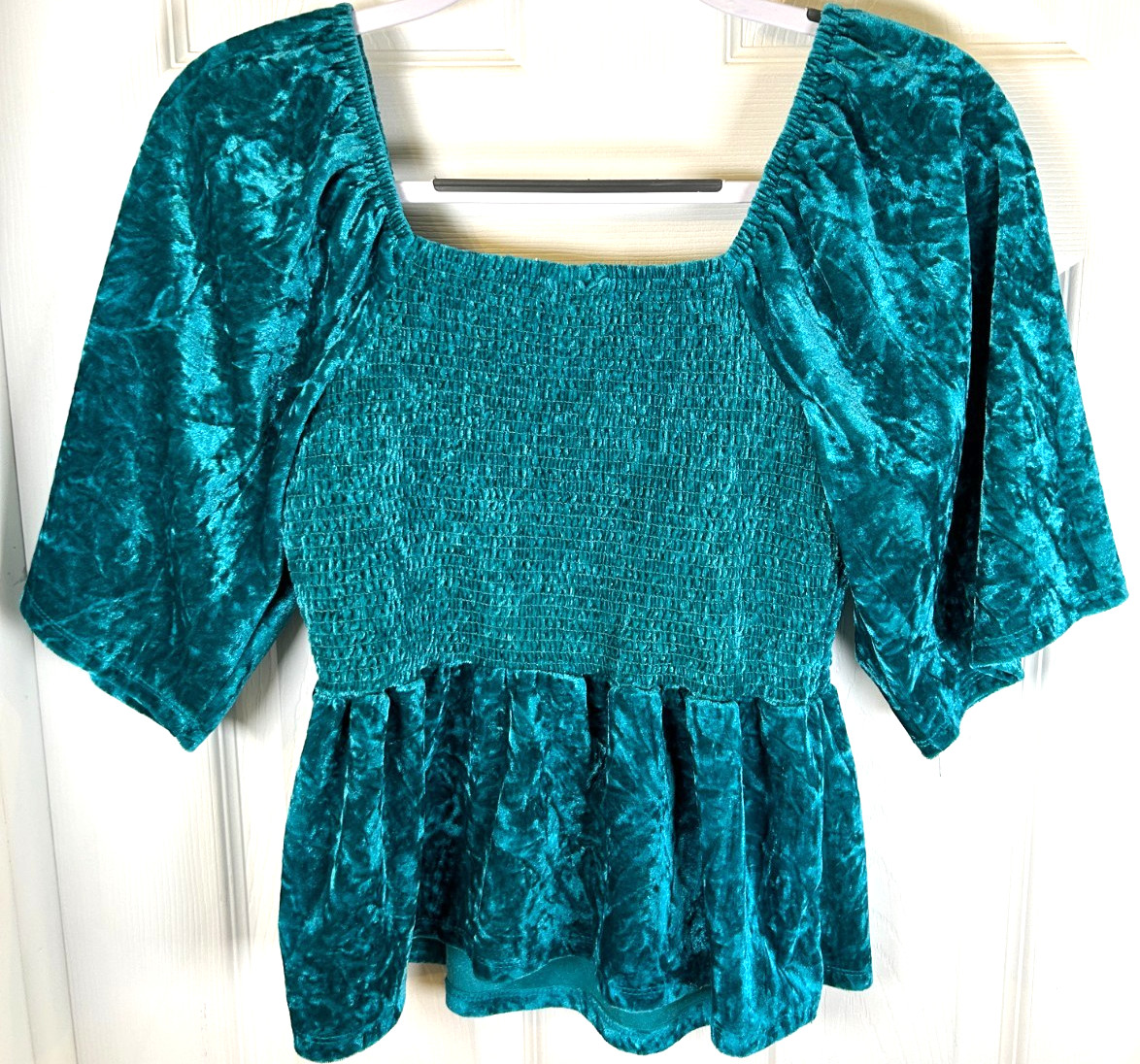 Belle Du Jour Crushed Velvet Sq Neck Smock Blouse Sz L Boho Peasant Luxe Teal