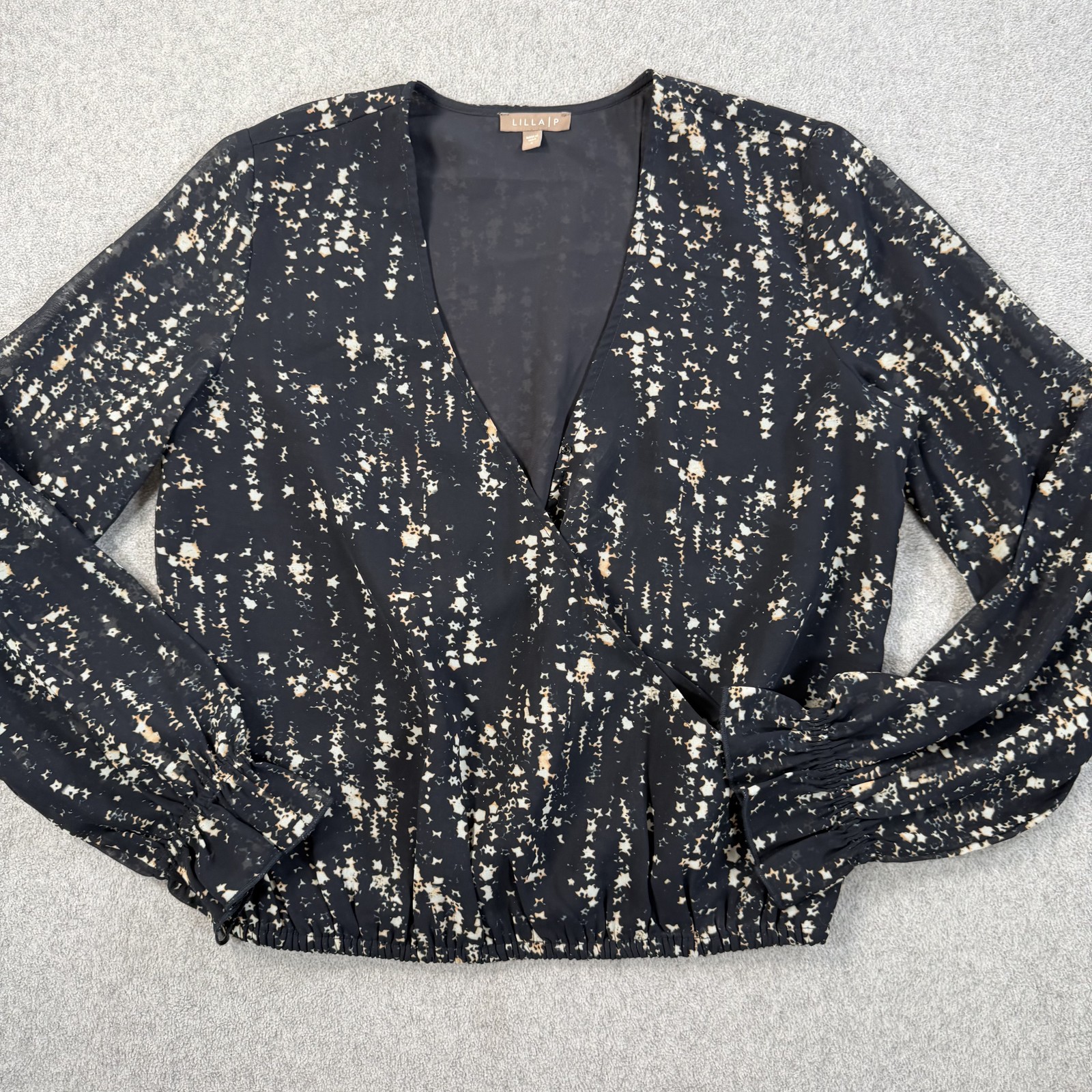 Lilla P Women’s Small Black Abstract Sheer Faux Wrap Blouse Top Long Sleeve