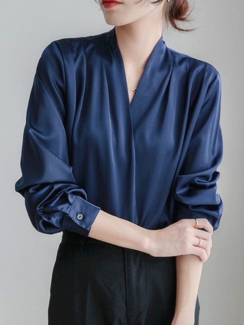 Womens Long Sleeve Shirt Silk Stain V-Neck French Office Lady Summer Blouse Tops