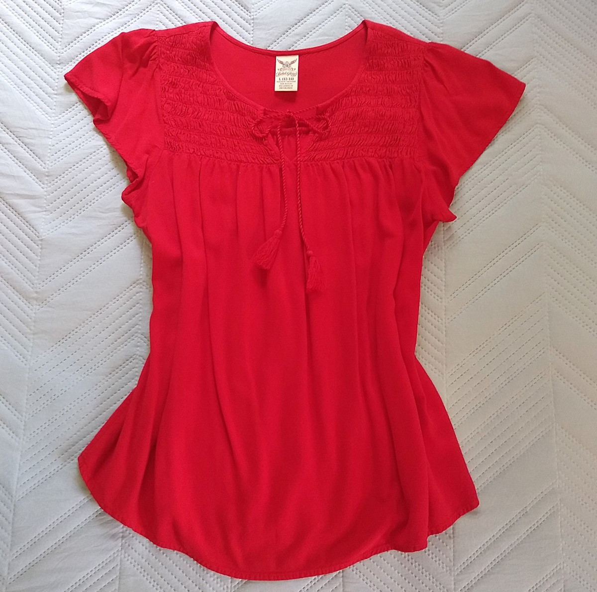 Boho Shirt Vintage Red Top Red Blouse Tassel Ties Flutter Cap Sleeves M L