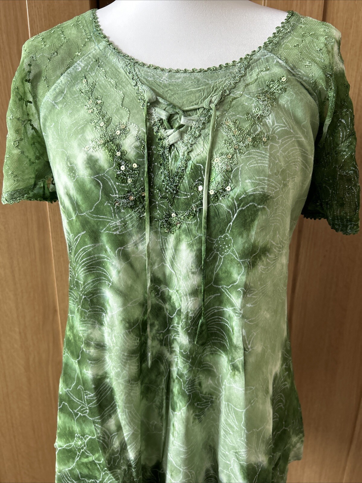 Sakkas Petra Womens Casual Loose Flared Lace Sleeve Blouse Top Tunic Green OS