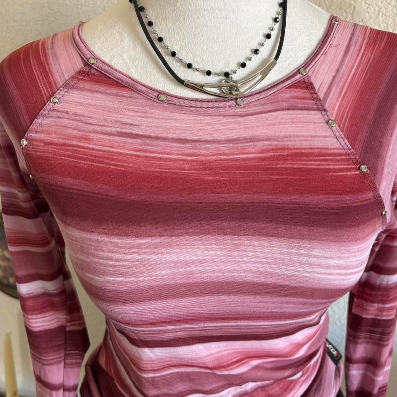 XOXO Jeans Vintage Y2K Pink Striped Mesh Studded Long Sleeve Top