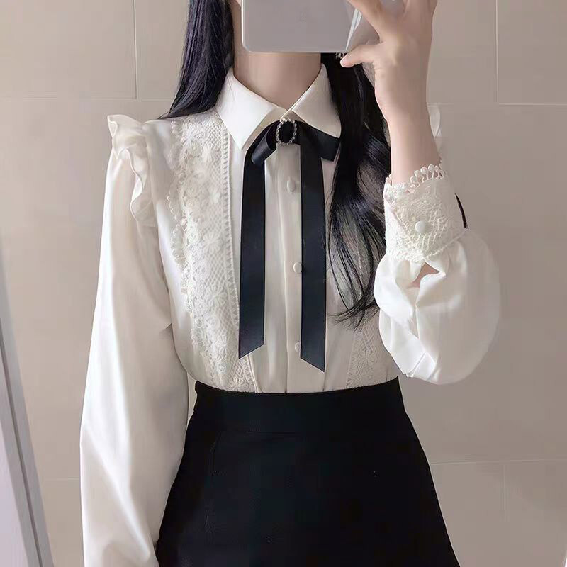 Korean Elegant Womens Lace Tops Blouses Button Business Chiffon Casual Shirts