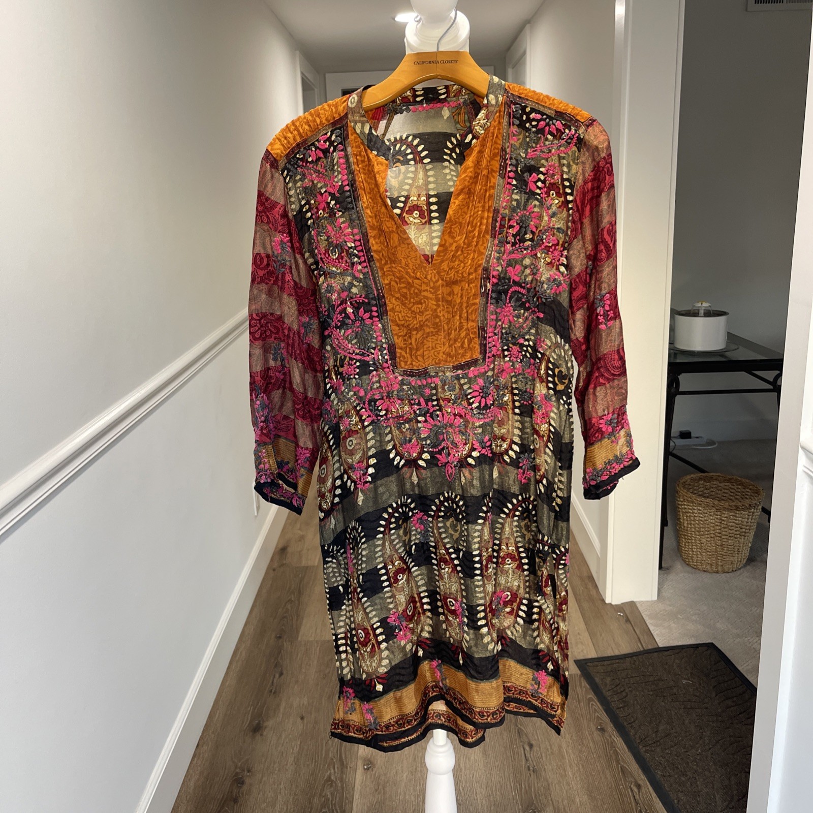 Embroidered Tunic Boho Artsy Sheer Shimmer Blouse Top Fall Global Travel Floral