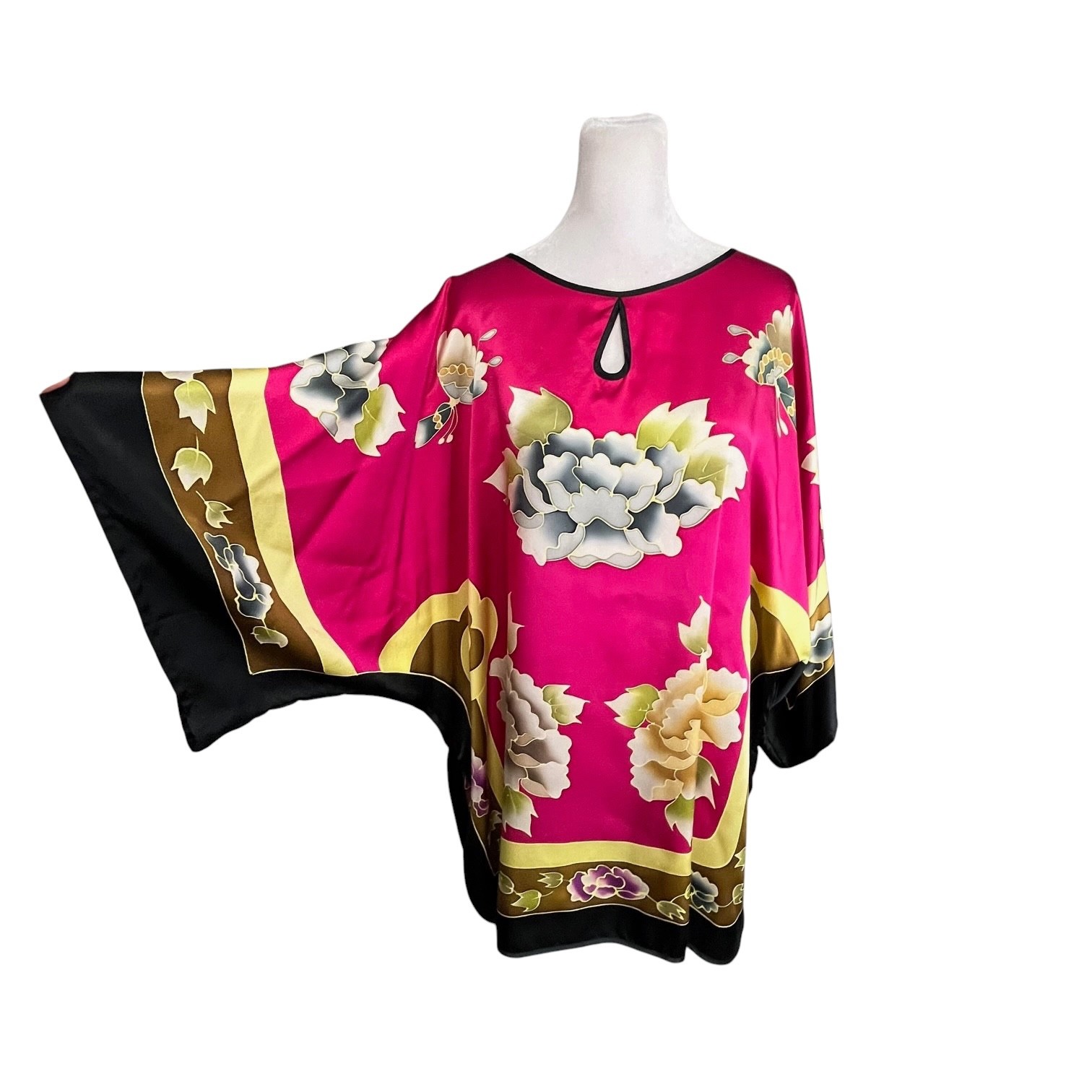 100% Mulberry Silk Pink Peony Floral Kaftan Blouse One Size Fits Most