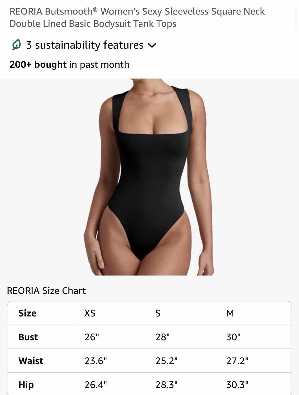 REORIA Butsmooth® Women’s Sexy Sleeveless Square Neck Double Lined Small Black