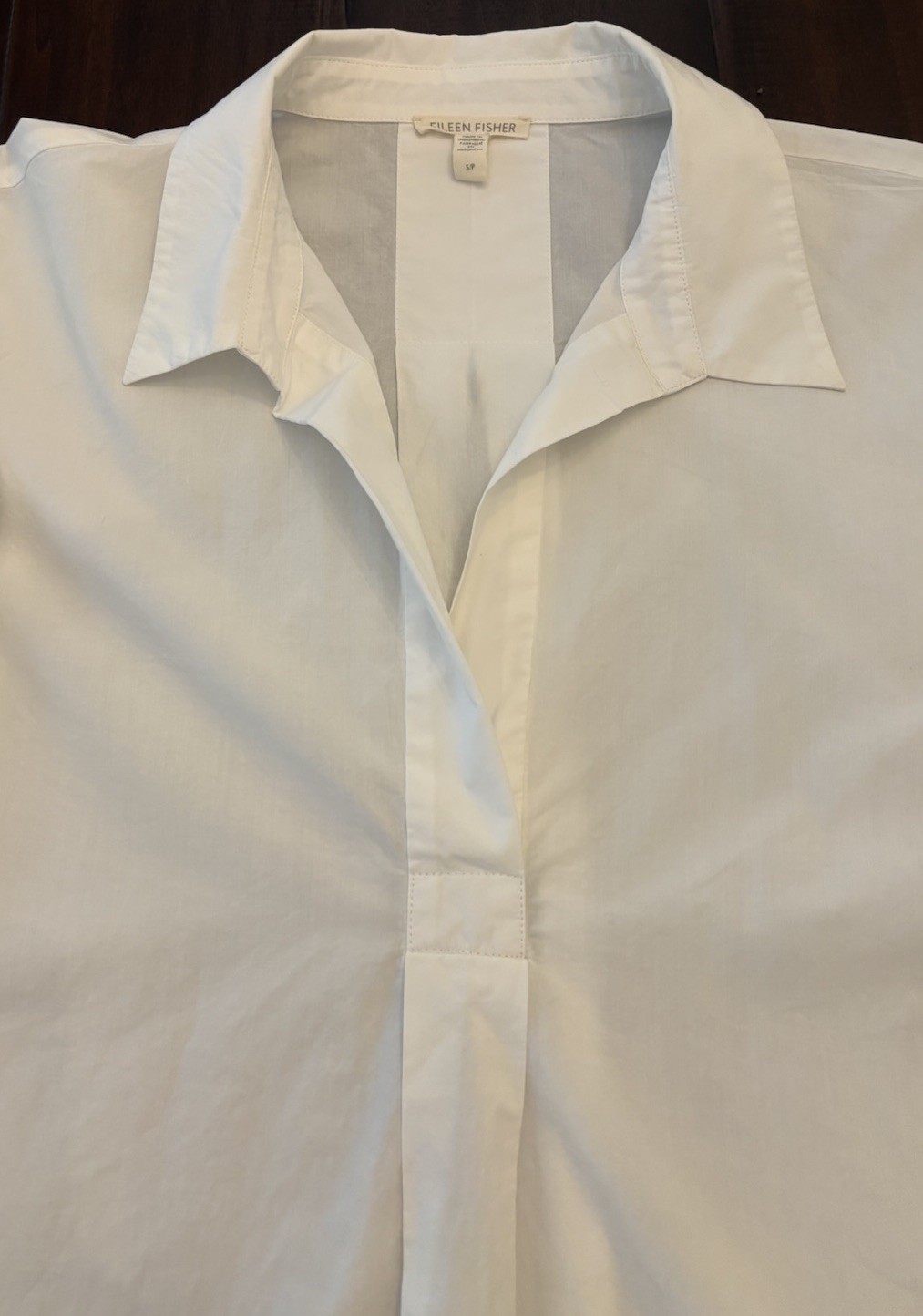 Eileen Fisher White Cotton Women SzS Spread Collar Pleated Popover L Sleeve