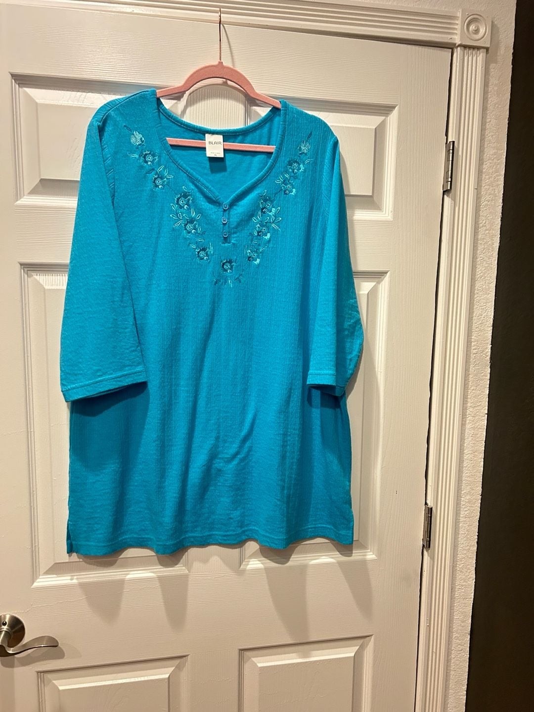 Blair Women’s Textured Henley Tunic Top with Floral Embroidery, Blue, Size XL
