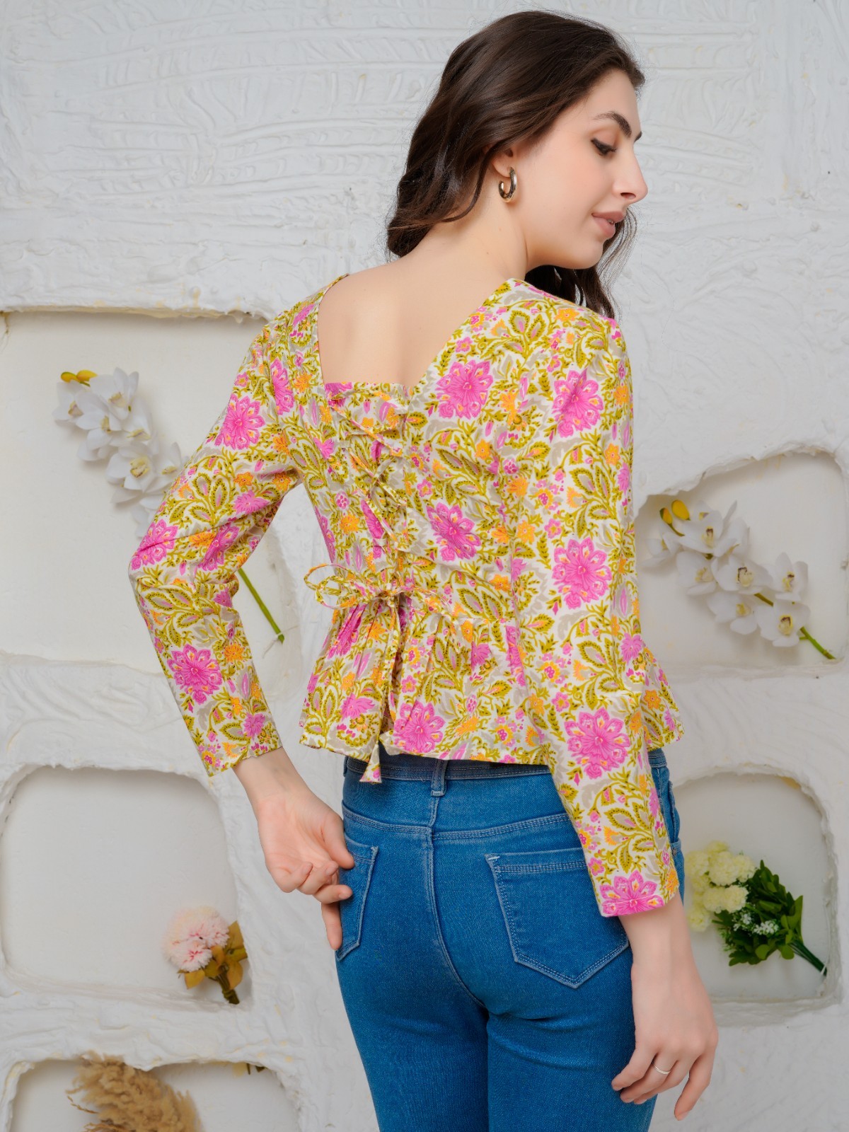 Boho Top Women Cotton White Multicolor Floral Block Print Crop Peplum Flared top