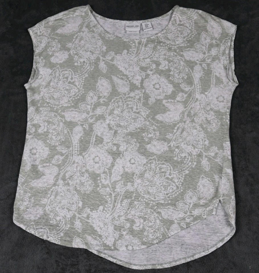 100% Linen Top W-M Green Floral Spring Easter Boho Summer Basic Casual EUC