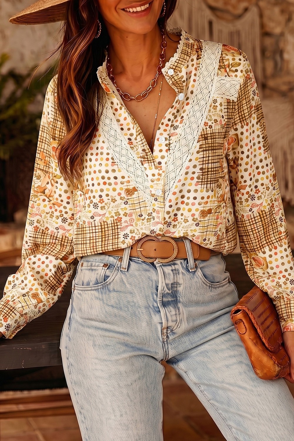 Women’s Floral Lace Trim Button Down Long Sleeve Shirt