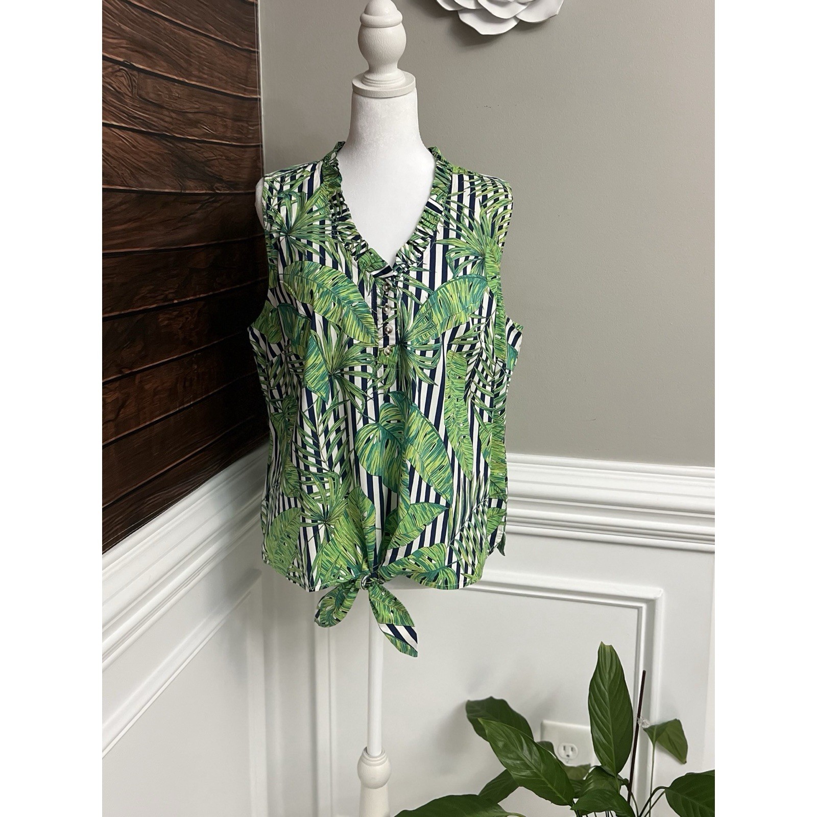 Rafaella Tropical Palm & Stripe Tie-Front Sleeveless Blouse