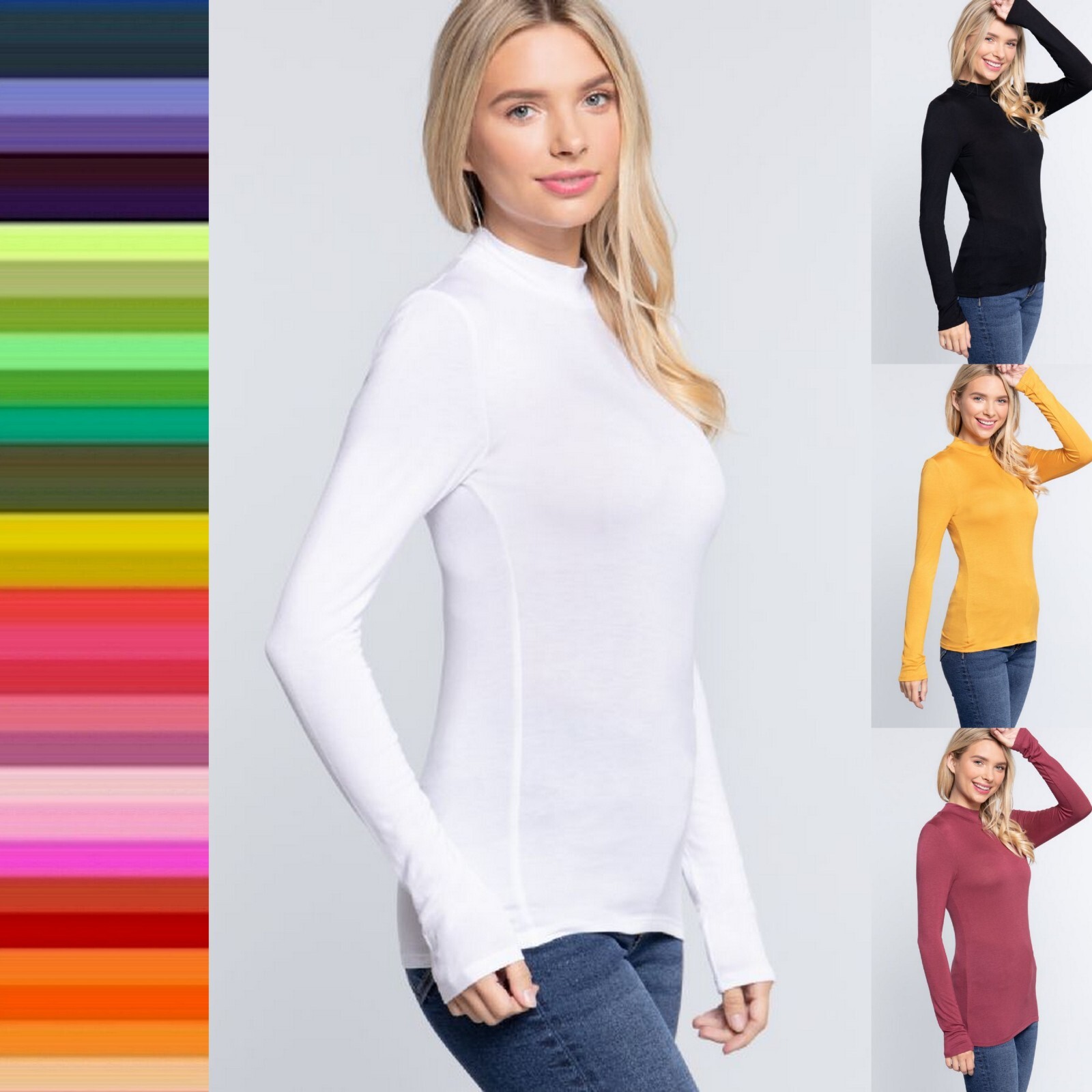Women’s Mock Turtle Neck Rayon Long Sleeve Top Soft Stretch Classic Fitted Shirt