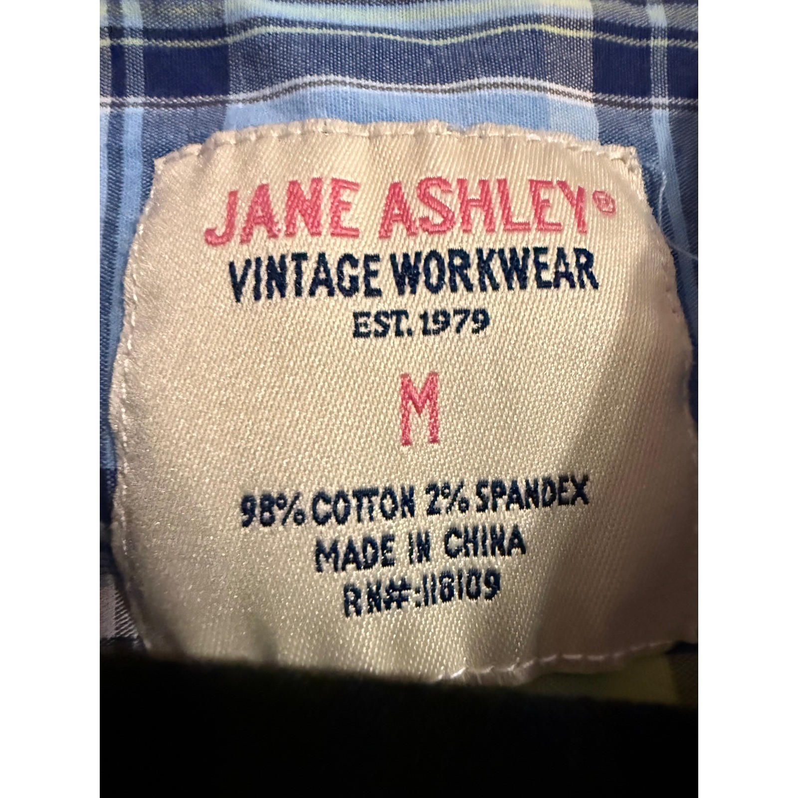 Jane Ashley Vintage Workwear Blue Plaid Button Down Shirt Womens Medium Cotton