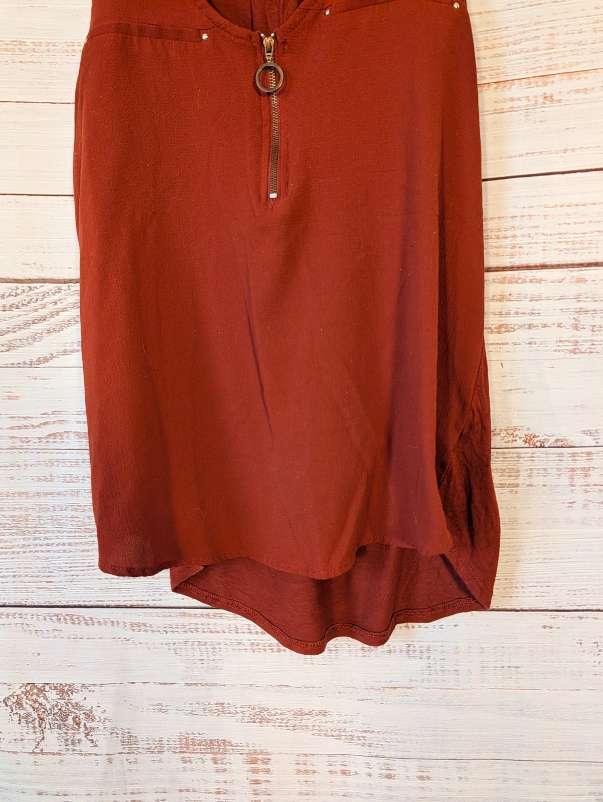Tempted LA Brown Studded Zip Top Size M Ring Pull Zipper Accents Stretch Casual