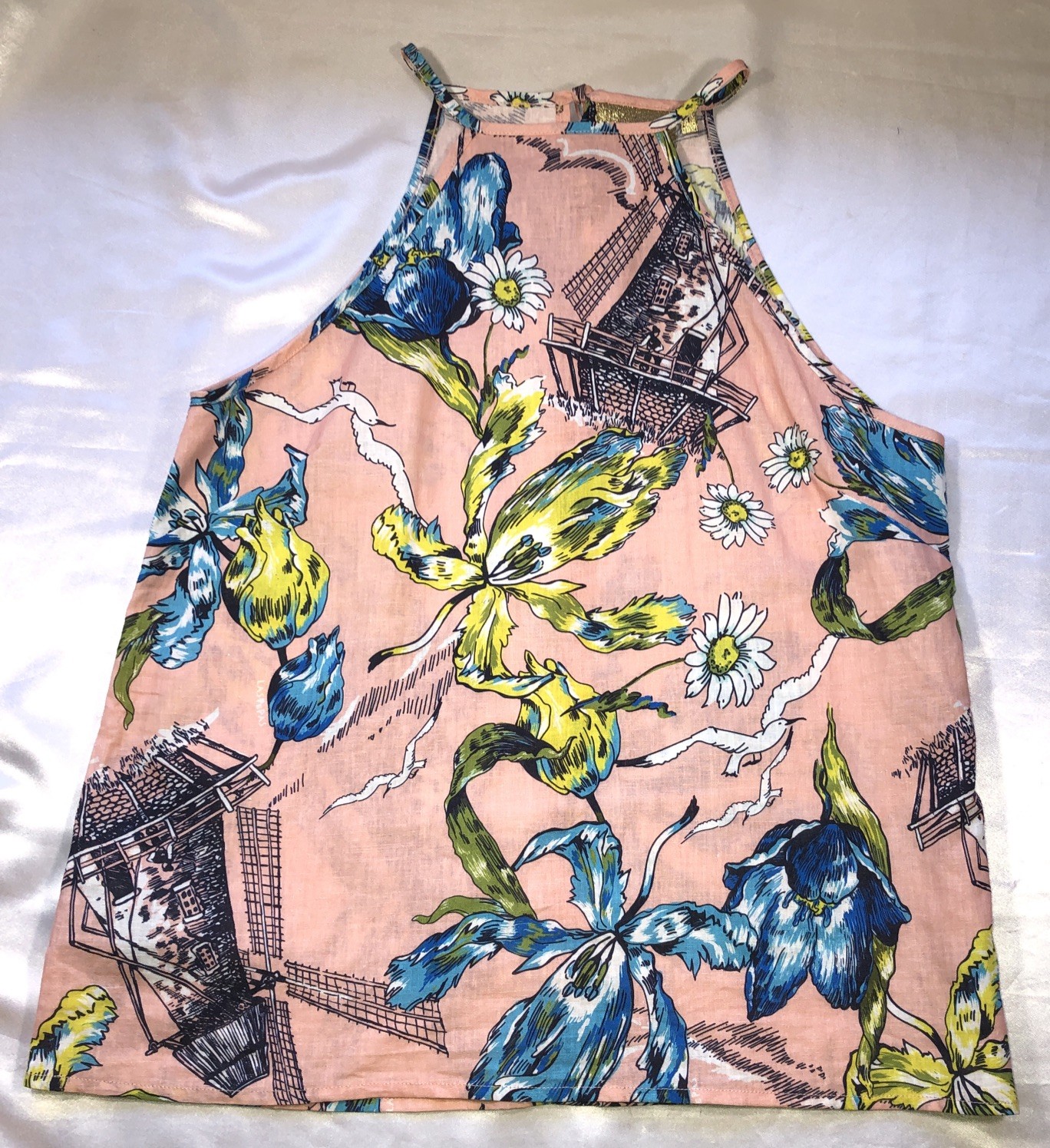 Las Pepas Top Linen Blend Spaghetti Strap Floral Seagulls Lighthouse Womens Sz 1