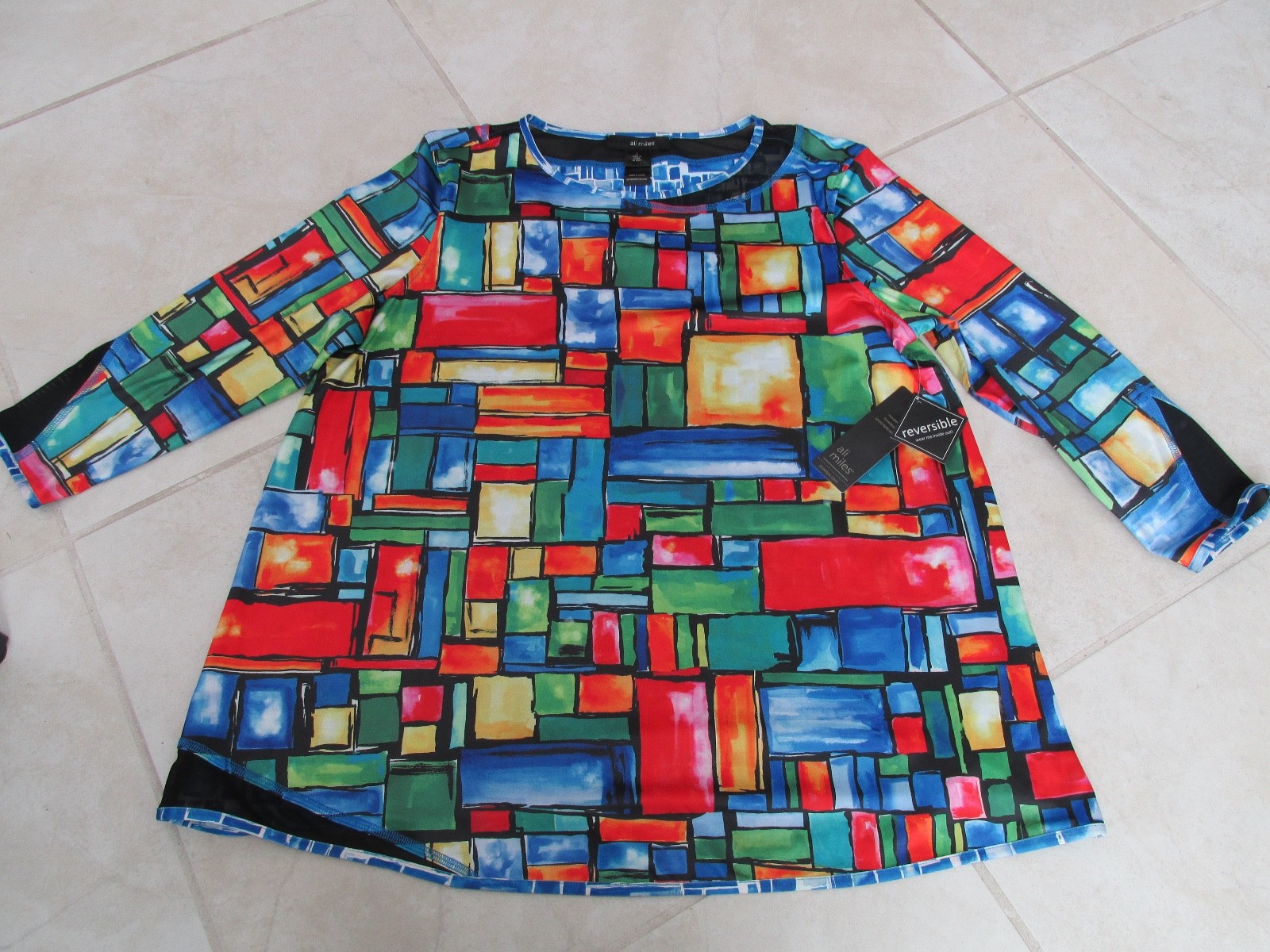 NEW Ali Miles Reversible Tunic Blouse Top Womens Size L Geometric Colorful $79.