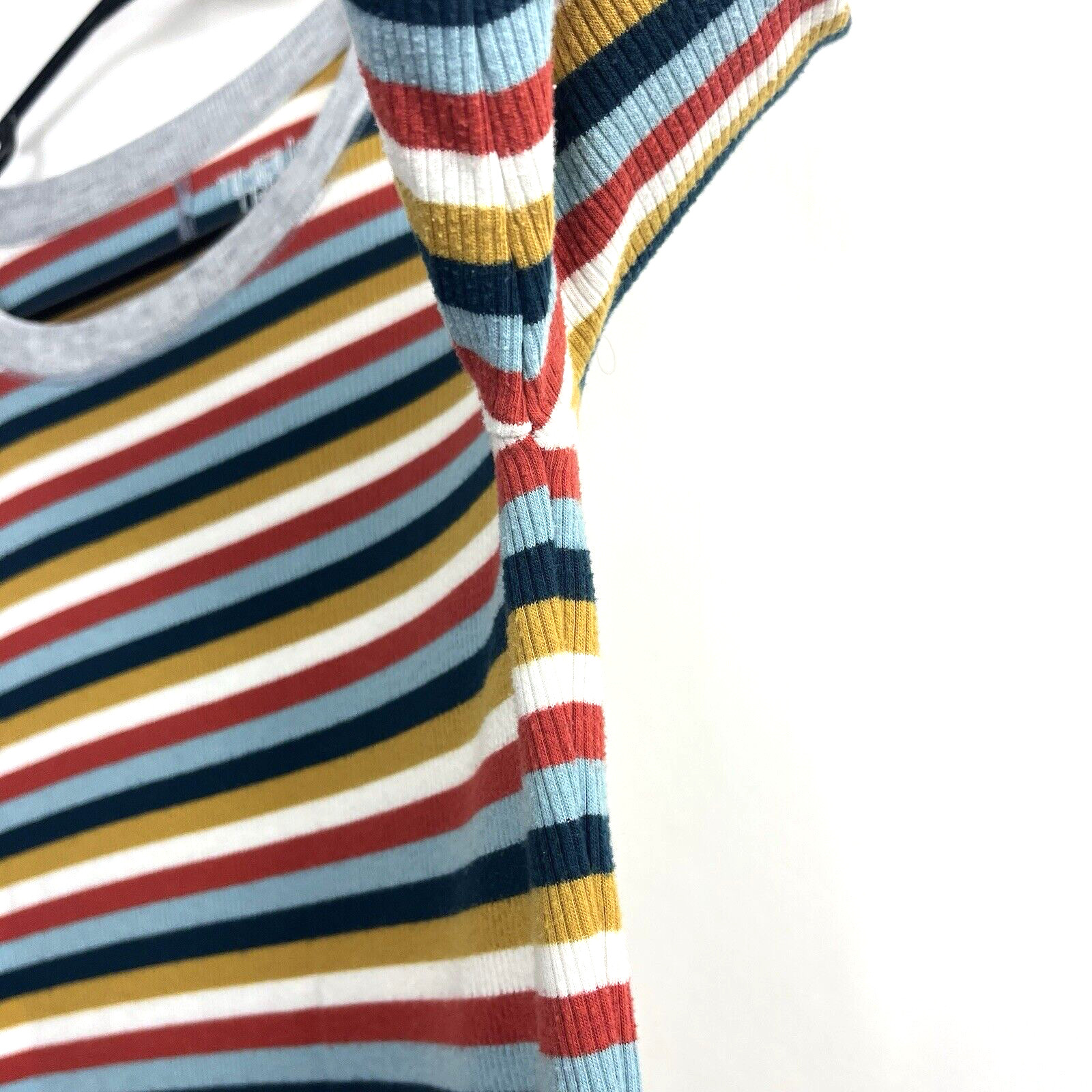 Women’s Time & Tru Red Navy Gold White Stipe Gray Trim Round Neck 3/4 Sleeve S