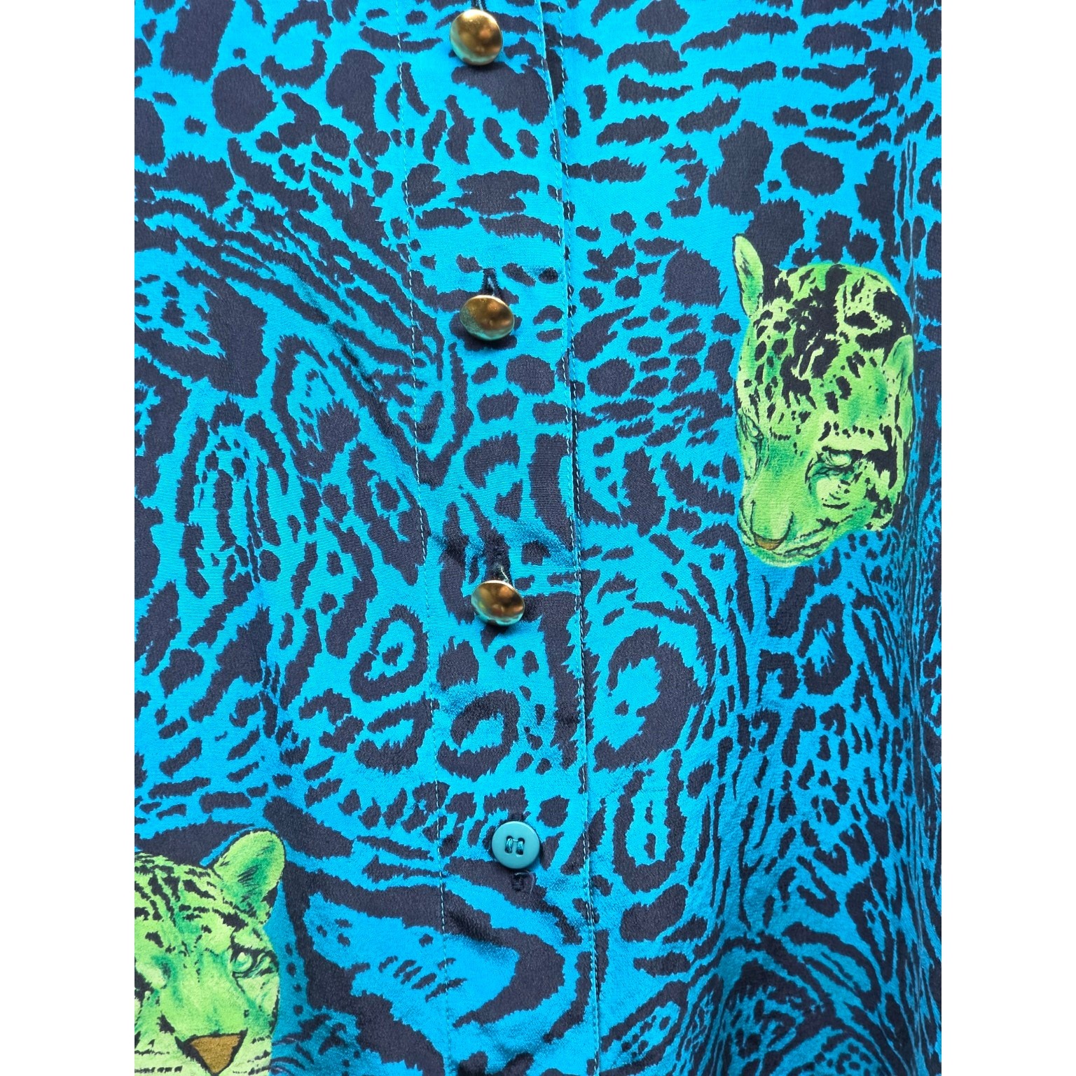Escada Margaretha Ley 100% Silk Tiger Print Blouse Blue Green EU 40 US 8