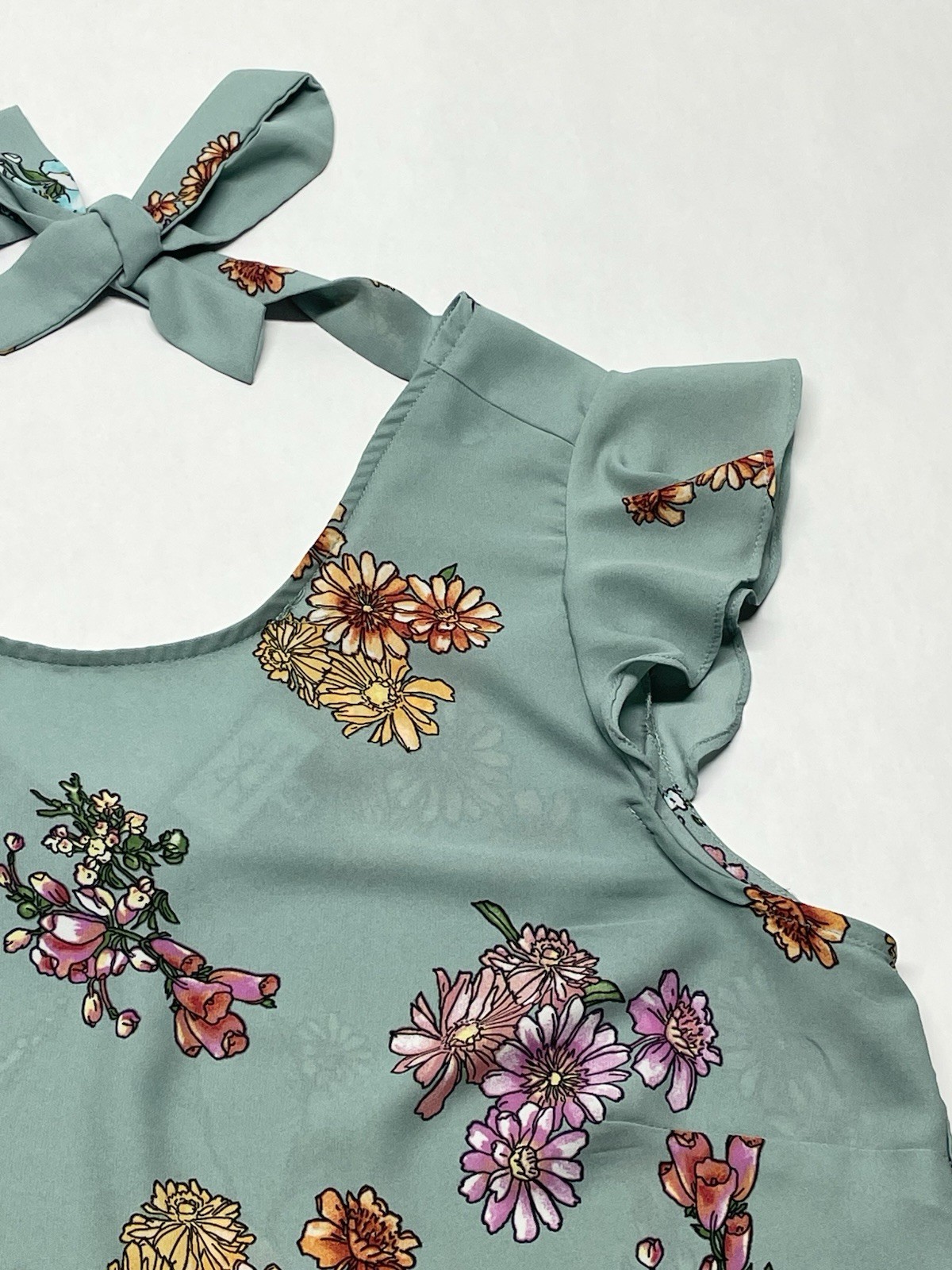 Blue Wildflower Floral Flutter Sleeve Tie Back Blouse XL Boho Cottagecore Dainty