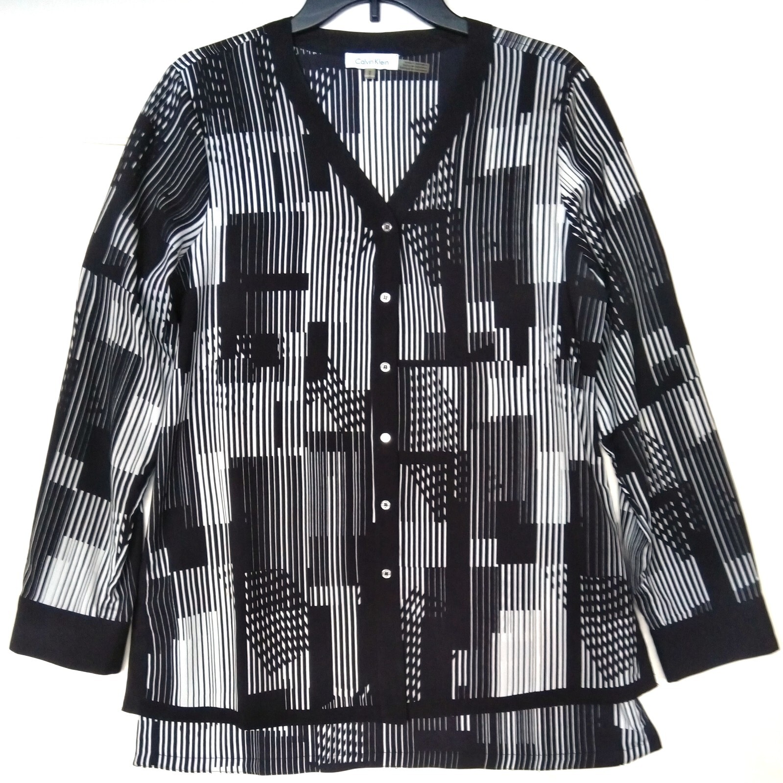 Calvin Klein Button Top Women Size M Long Sleeve B And W Geometric Modern Design