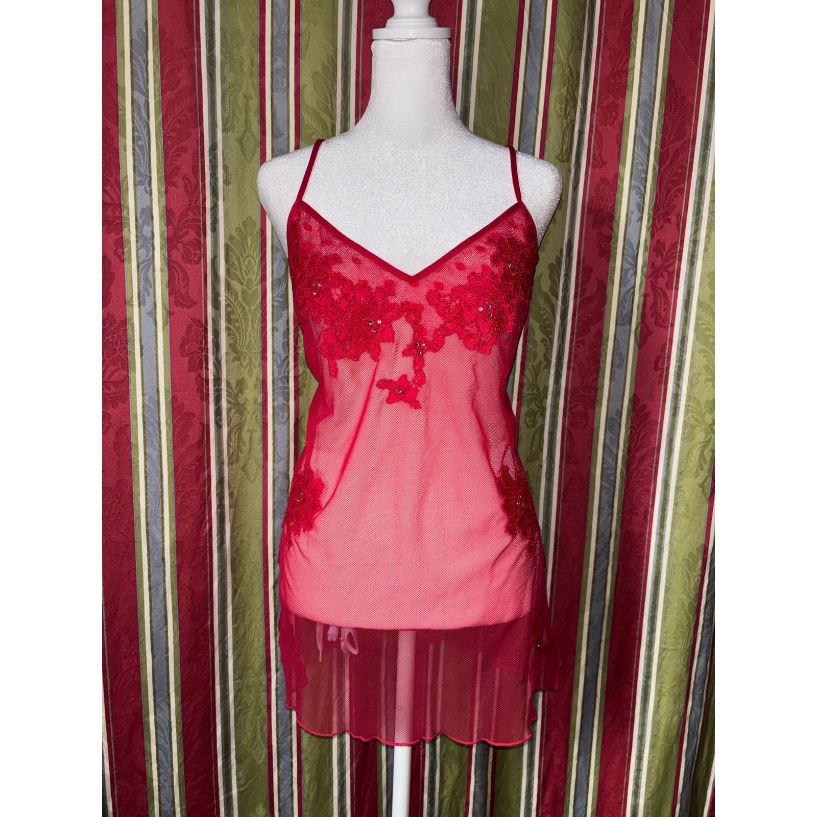 Beautiful Red Victoria’s Secret Sheer Slip Dress Lace Lingerie Dress Size Large