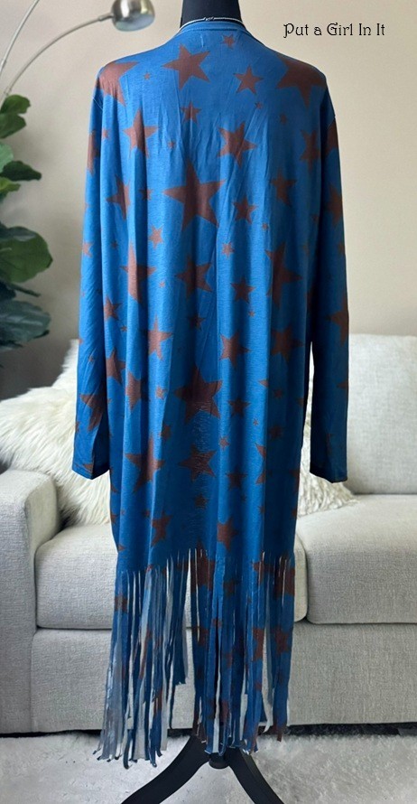 New Boho Plus Size Women’s Blue Stars Fringe Kimono Cardigan Duster XL 1X 2X 3X