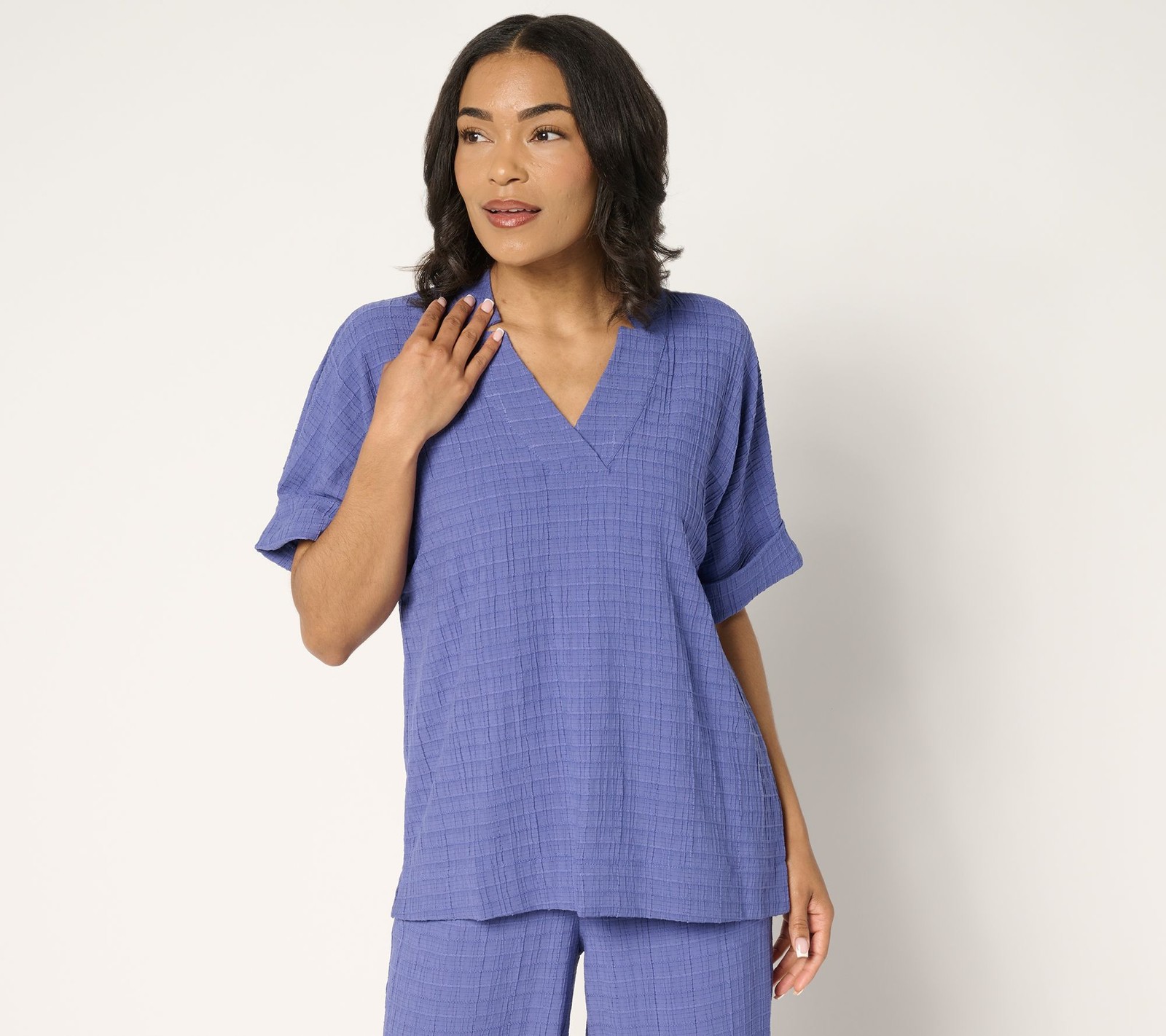 Joan Rivers Classics Collection Women’s Top Sz L Textured Short Blue A693993