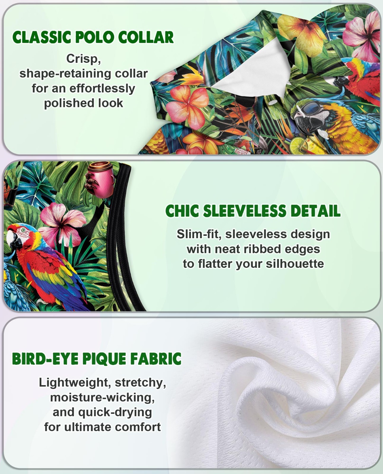Macaw Parrot Women’s Sleeveless Performance Polo Tropical Golf Tennis