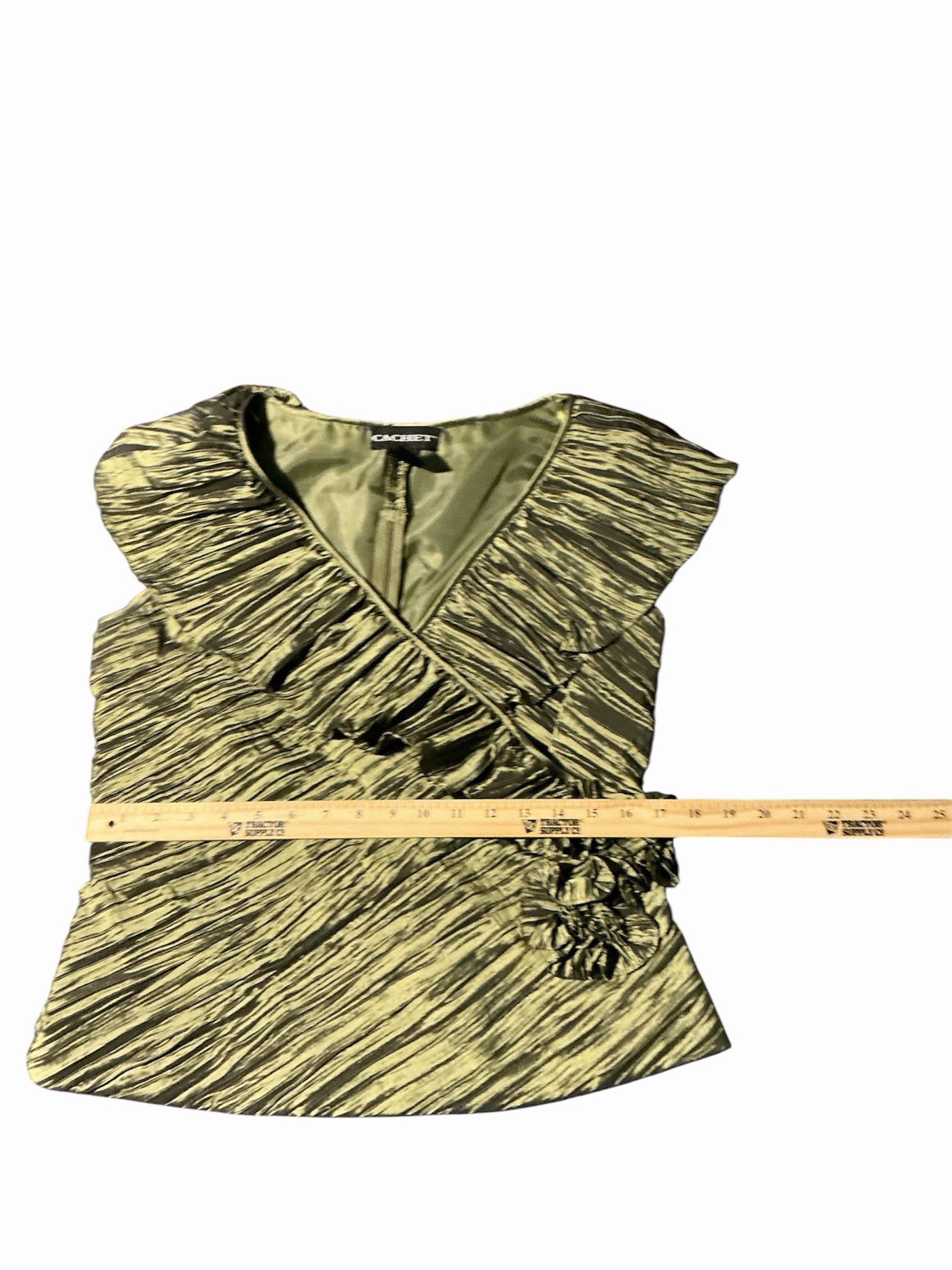 Cache Y2K Metallic Olive Green Ruffled Top V Neck Sleeveless Party Blouse 10