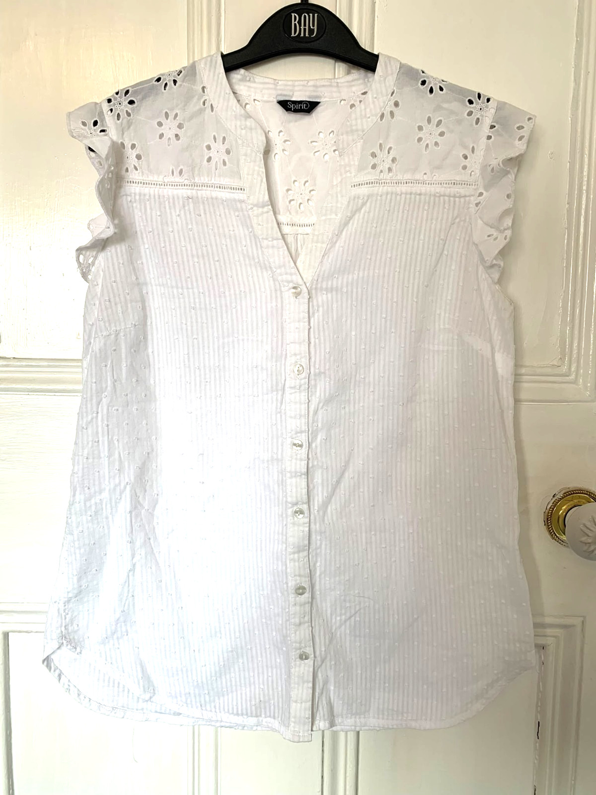Spirit White Striped Textured Broderie Anglaise Button Up Slim Fit Top Size 14